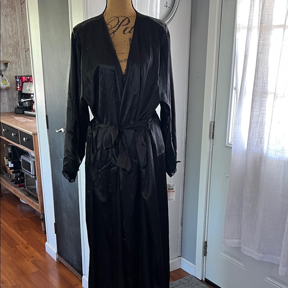 Luxurious Black Satin Long Robe with Waist Tie